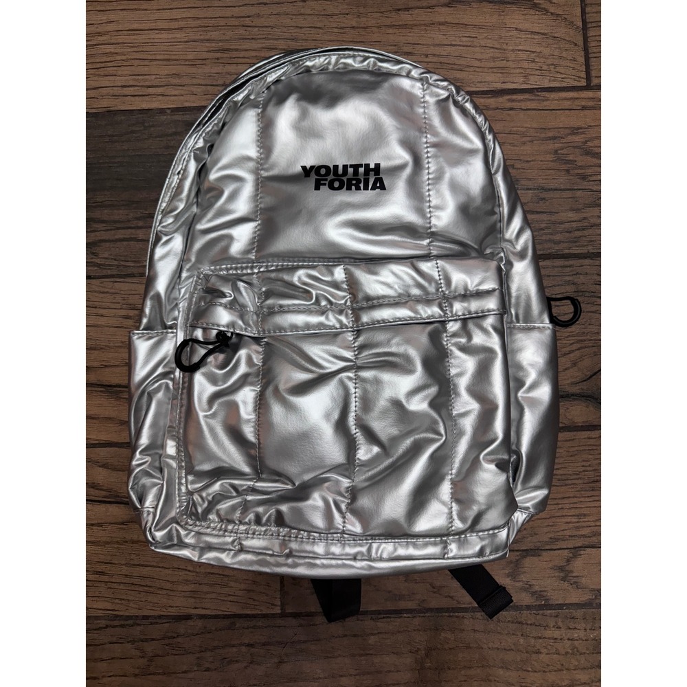Youthforia Metallic Silver Puffer Backpack Laptop Sleeve Quilted Bag Y2K Style